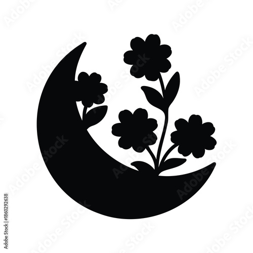 Elegant silhouette of crescent moon cradling blooming flowers in vector illustration