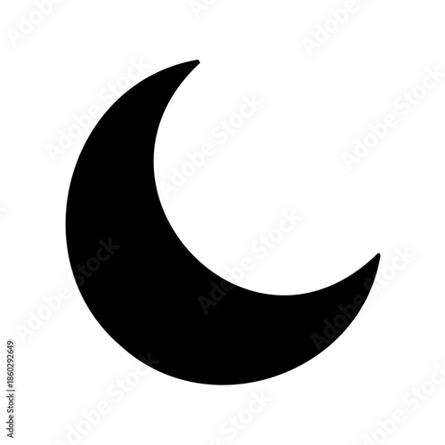 Black crescent moon graphic illustration on a white background space