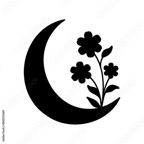 Silhouette of a crescent moon cradling a blossoming flower bouquet design