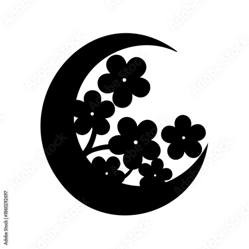 Black crescent moon containing a bouquet of flowers, vector graphic illustration