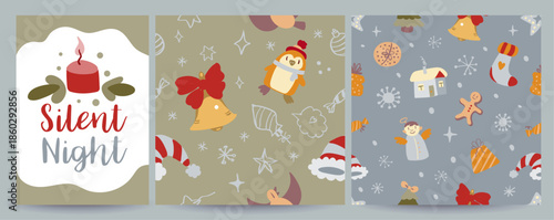 Vector set including 1 Christmas social media greeting card and 2 seamless holiday patterns with doodles. Festive, cozy and versatile for posts, banners, gift wrap, prints, textiles and seasonal desig