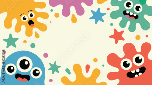 Colorful cartoon monsters with playful expressions and splashes