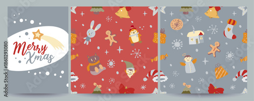 Vector set including 1 Christmas social media greeting card and 2 seamless holiday patterns with doodles. Festive, cozy and versatile for posts, banners, gift wrap, prints, textiles and seasonal desig