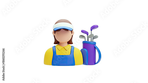 3D Cartoon Golfer Woman with Golf Bag and Clubs