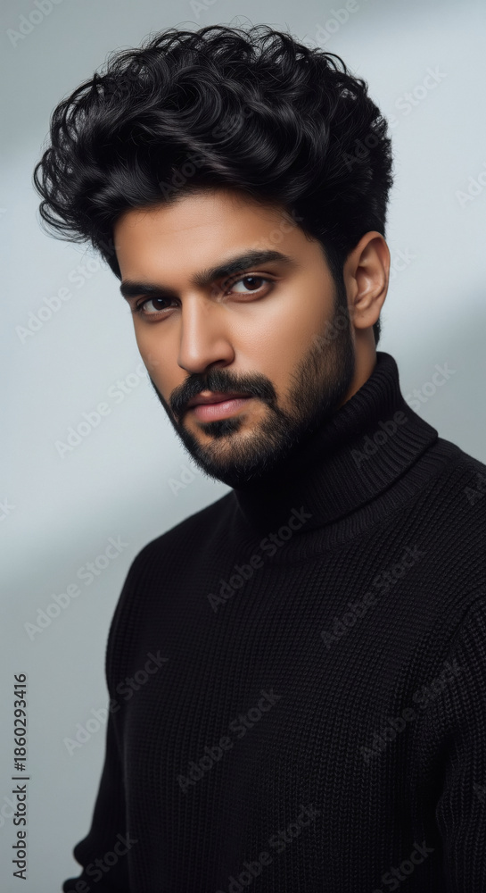 Fototapeta premium Confident Young Man with Beard and Black Turtleneck