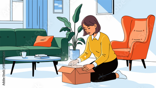 A woman carefully unpacking a box in a living room, a vibrant vector illustration