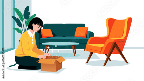 Cozy living room vector illustration of a woman unpacking a cardboard box, with a modern sofa and armchair