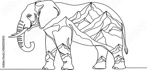 Continuous line drawing of a majestic elephant with abstract mountains forming its body showcasing nature and wildlife