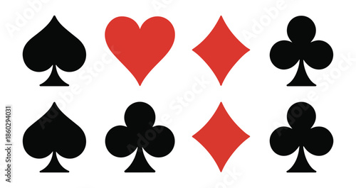 Eight playing card suit emblems arranged in two rows showing spades hearts diamonds and crosses