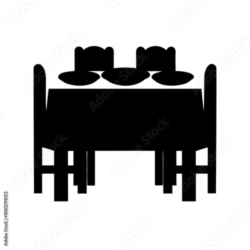 Solid Black Dining Table and Chairs with Dishes Simple Silhouette Design