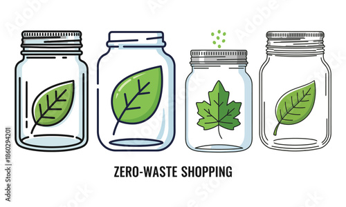 Sustainable zero-waste shopping with reusable jars and fresh leaves