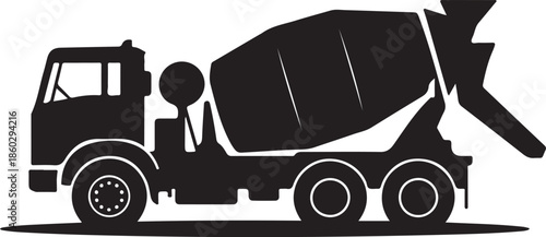 Black silhouette of a concrete mixer truck with a rotating drum on a white background