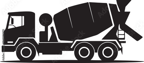 Black silhouette of a concrete mixer truck with a rotating drum on a white background