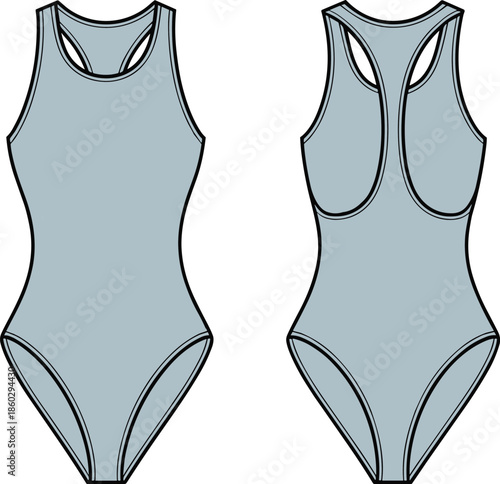 One-piece swimsuit front and back view, racerback design, fashion sketch, garment template, cad drawing flat vector illustration, clothing outline
