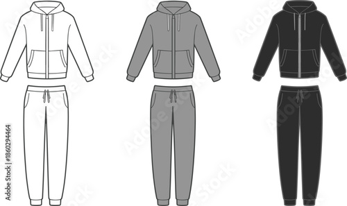 Hoodie and sweatpants set, black, gray, white outfit, fashion design, casual wear, cad drawing flat vector illustration