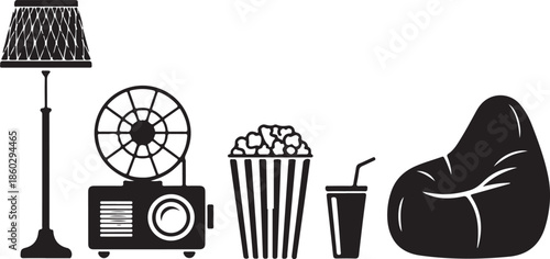 Black silhouette of a floor lamp projector popcorn bucket drink and bean bag chair vector