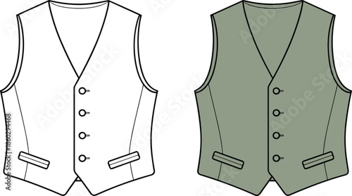 Formal vest design, black and green version, fashion template, tailoring sketch, garment detail, cad drawing flat vector illustration
