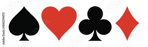 Set of playing card symbols including black spades red hearts black clubs and red diamonds icons on white backdrop