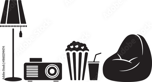 Black silhouette of a floor lamp projector popcorn bucket drink and bean bag chair vector