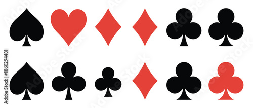 Set of various playing card suits symbols for games and design elements in two rows