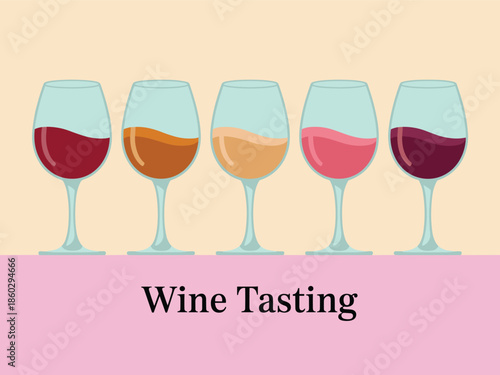 Wine tasting event with various colored wines in glasses on a pink background