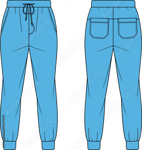 Jogger pants front and back view, blue garment sketch, fashion design, stitching detail, cad drawing flat vector illustration, clothing template