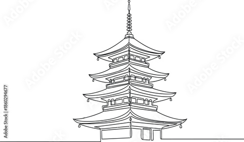 Continuous line drawing of traditional five storied japanese pagoda structure with finial on top architecture