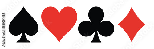 Four standard playing card suit icons red hearts and diamonds beside black clubs and spades in linear arrangement