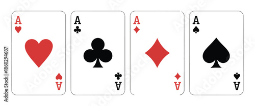 Set of four ace cards from standard deck showing hearts clubs diamonds and spades on white isolated background