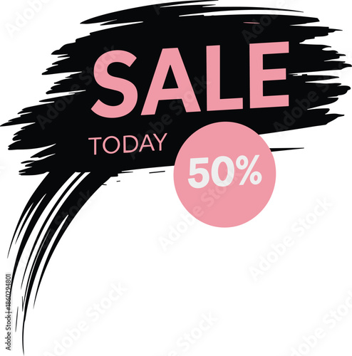 Sale promotion graphic, 50 percent discount, bold brushstroke background, pink text design, cad drawing flat vector illustration, marketing sticker template