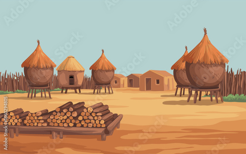Traditional African Village Scene with Thatched Huts and Wooden Structures in a Rural Landscape