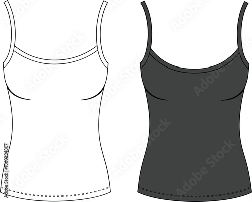 Camisole top design, black and white version, fashion sketch, garment template, stitching detail, cad drawing flat vector illustration, clothing outline