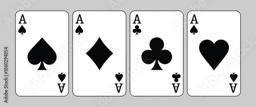 Four aces playing cards set black and white, traditional deck of poker cards isolated on gray background