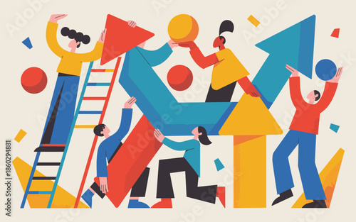 People working together to construct a large geometric shape from various colorful components