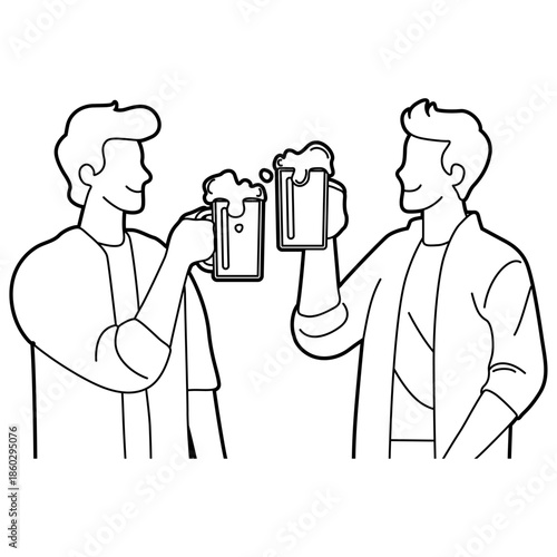 Men Hold Bottles of Beer Cheers Outline Illustration.