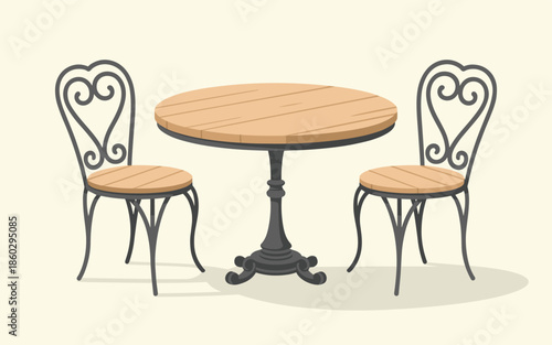 A round wooden table with black metal base surrounded by two matching chairs with intricate backrests in a minimalist setting