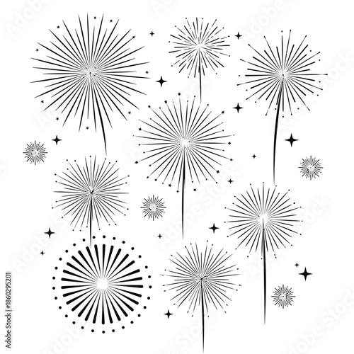 A delightful arrangement of fireworks displays with varying sizes and shapes presented in a monochrome style