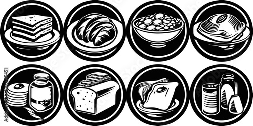 Monochrome various breakfast food icons inside circles, simple but detailed, easy use, perfect for any design needs