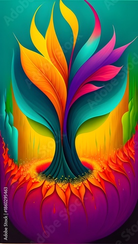 A colorful tree with rainbow leaves on a teal background.