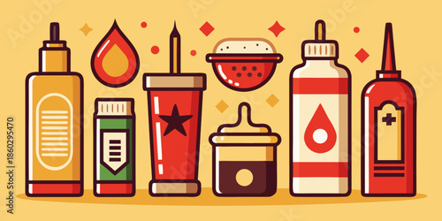 Set of various condiment or sauces icon, warm tone vector illustration for web design