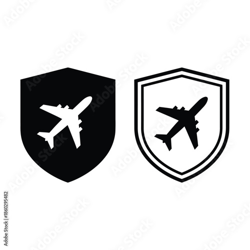 Two shield icons featuring airplane silhouettes one filled and one outlined symbolize travel safety and protection