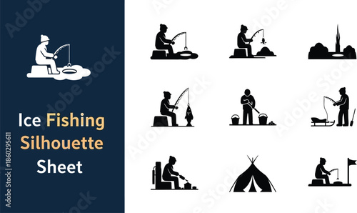 Ice fishing winter activity silhouette Sheet