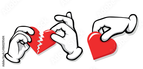 Hands connect broken heart pieces. Vector template on transparent background