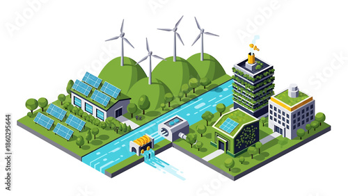 Eco-friendly urban landscape with renewable energy sources including solar panels, wind turbines, and green buildings