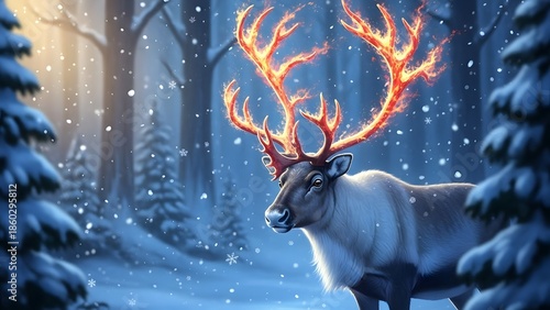 Mythical reindeer in a snowy forest with blazing antlers