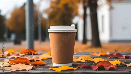 A brown paper coffee cup on a wooden table surrounded by autumn leaves