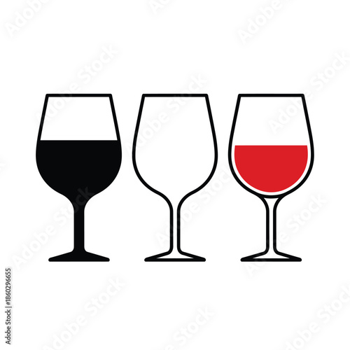 A simple illustration depicting three wine glasses one full of red one empty and one partially filled with red wine