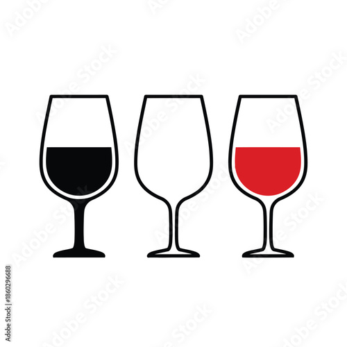 A simple illustration displays three wine glasses one filled with red one empty and one partially filled with red wine