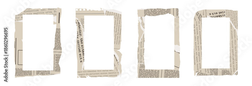 Torn vintage ripped collage frames with old clipping texture. Newspaper borders for scrapbook. Old gazette news sheets. Trendy retro vintage paper cut, rip torn. Isolated vector illustration.