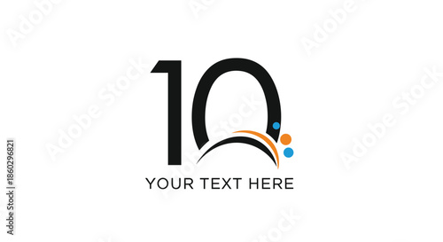 Modern number ten logo design includes a curved black arch with colorful blue and orange dots positioned below the numerals on white.